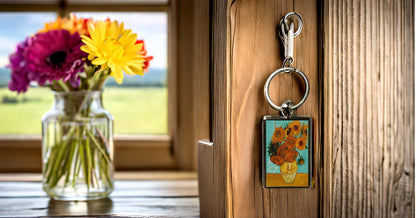Van Gogh Sunflowers Keyring – Art Print Metal Keychain – Floral Art Gift for Her
